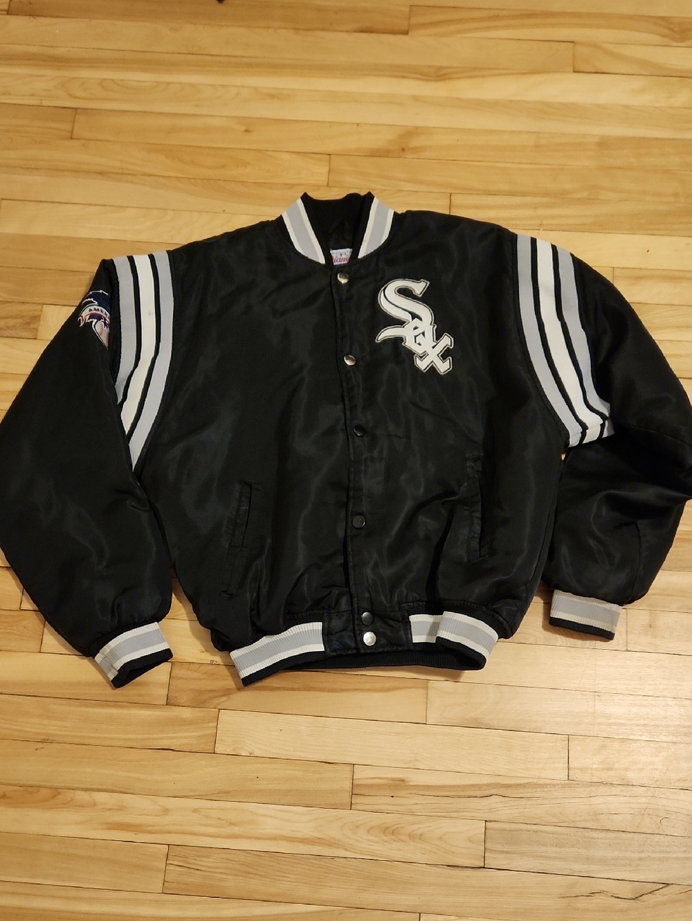 STARTER Black and White Satin Bomber Jacket with Team Patch